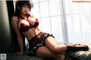 Anime girl with long black hair sitting on a bed.