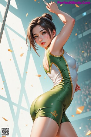 A woman in a white and gold bathing suit standing on a tennis court.