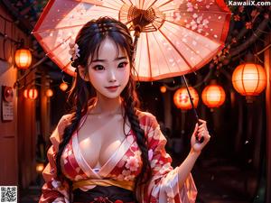 A woman in a kimono holding an umbrella.