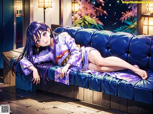 A woman in a kimono sitting on a wooden bench.