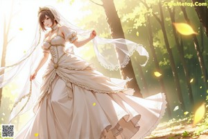 A woman in a wedding dress standing in the woods.