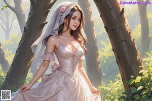 A woman in a wedding dress with a tia in the woods.
