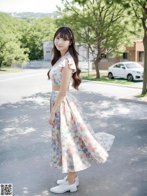 A woman in a floral dress posing for a picture.