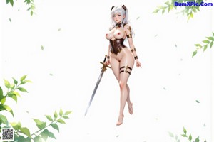 A woman in armor holds a sword, standing in a forested area.