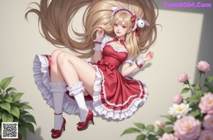 A woman in a red and white dress sitting on a bed.