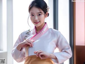 A woman in a pink and white hanbok poses for a picture.