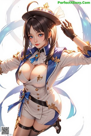 A woman in a white and blue outfit posing for a picture.