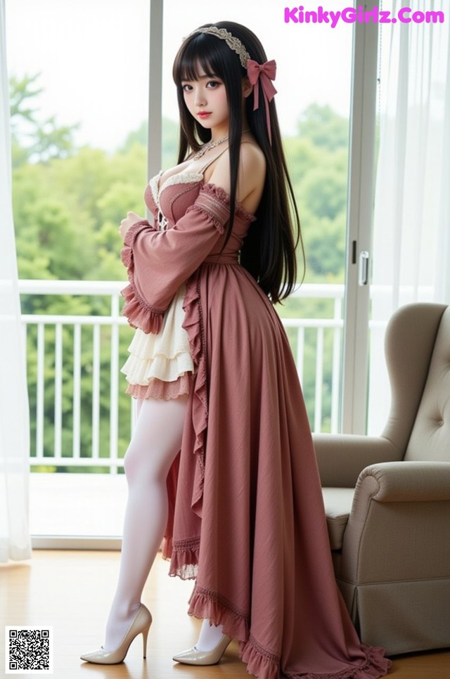 A woman in a pink dress standing in front of a window.