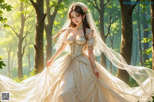 A woman in a wedding dress walking through a forest.