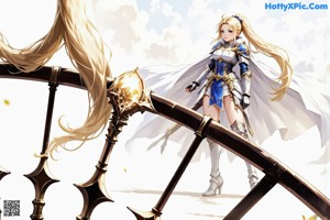 A woman in armor holding a sword in the sky.