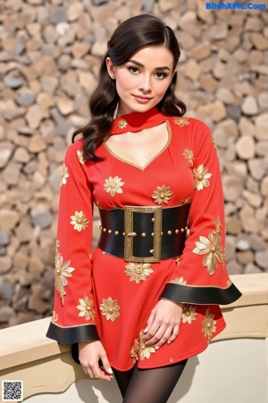 A woman in a red and black lingerie posing on a couch.