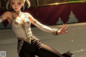 A woman in a blue and gold outfit skating on a rink.