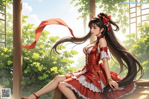 A woman in a red dress is standing on a pole.