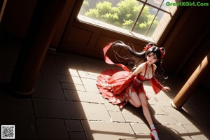 A woman in a red and white dress is dancing in a garden.