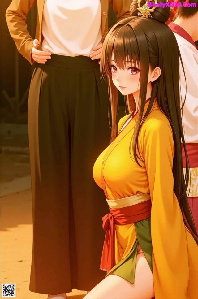 A woman in a yellow kimono standing next to a man in a white shirt.