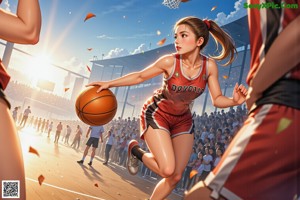 A girl in a blue and yellow uniform holding a basketball.