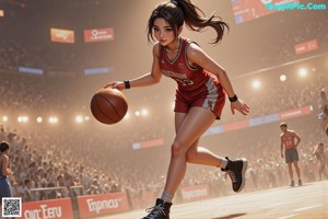 A woman in a basketball uniform dribbling a basketball on a court.