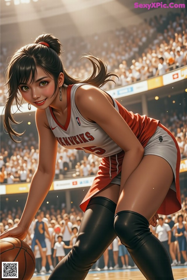 A woman holding a basketball on top of a basketball court.