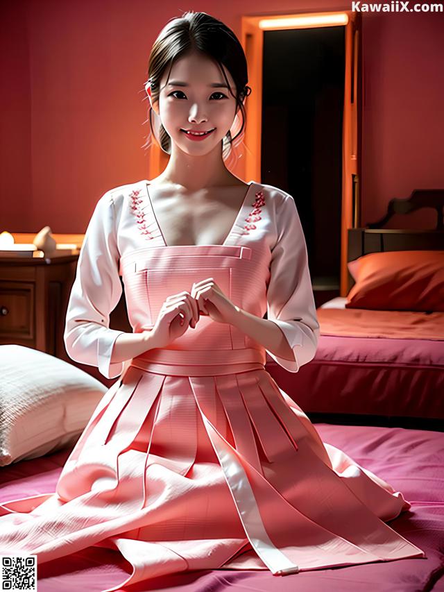 A woman in a pink dress sitting on a bed.