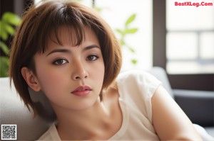 A naked asian woman sitting on a chair in a room.