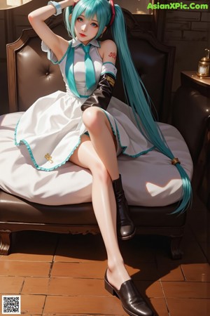 A woman with long blue hair sitting on top of a counter.