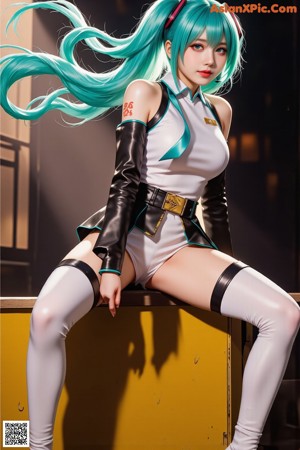 A woman with long blue hair wearing a pink tie.