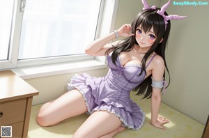 A naked anime girl sitting on a bed with bunny ears.