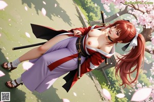 A woman in traditional attire holds swords, standing outdoors with cherry blossoms and a building in the background.