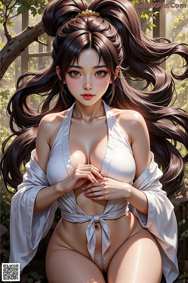 A woman in a white bikini sitting on a bench.