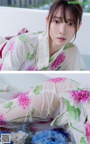 A woman in a kimono sitting on a bathtub.
