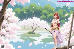 A woman in traditional attire with flowing hair and cherry blossoms.