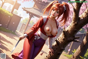 A woman in a red robe holds a sword, standing amidst cherry blossoms.