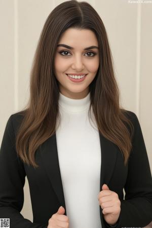 A woman in a black dress posing for a picture.