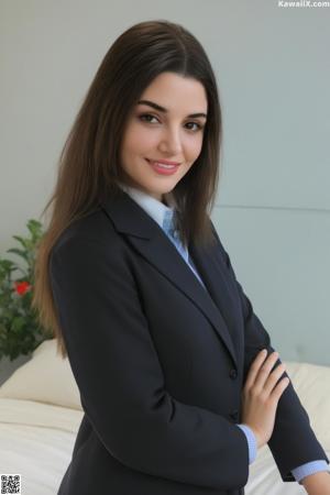 A woman sitting on top of a bed smiling.