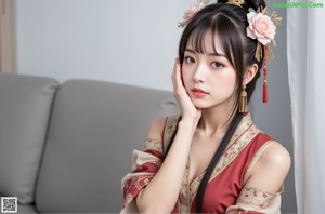 A woman in a kimono sitting on a bed in a room.