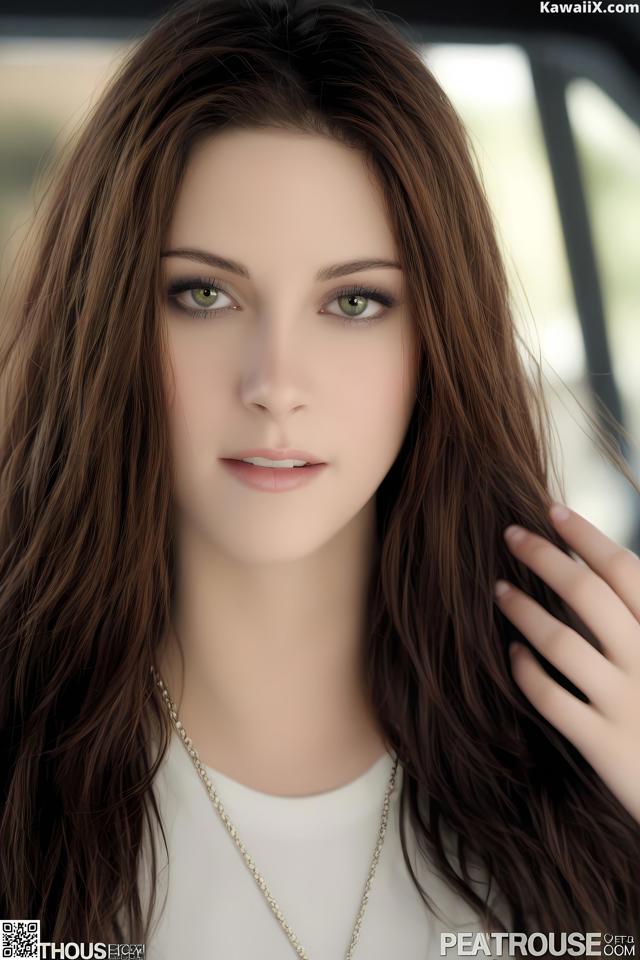A woman with long brown hair wearing a necklace.