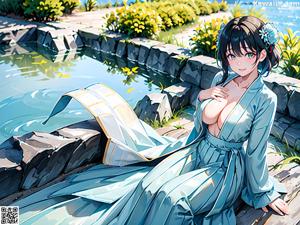 A woman in a blue and yellow dress standing next to a pool.