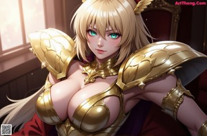 A woman in a golden armor is posing for a picture.