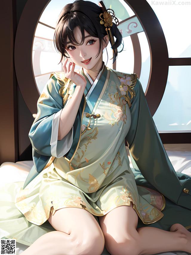 A woman in a kimono sitting on a bed.