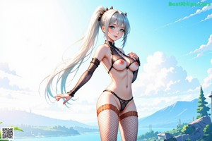 A woman in lingerie and stockings posing on a balcony.