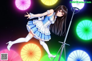 a woman in a blue and white dress and stockings posing for a picture