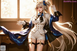 A woman in a white and blue outfit is posing for a picture.