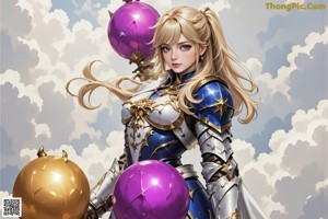 A woman in armor holding a sword in front of a building.