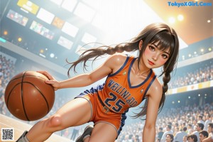 A woman in a basketball uniform holding a basketball on a court.