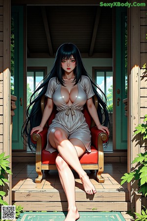 A woman sitting on a red chair in a room.