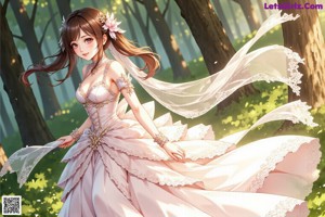 A woman in a wedding dress standing in the woods.