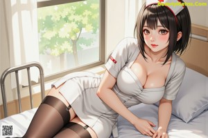 A woman in a nurse outfit is sitting on a window sill.