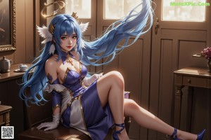 A woman with long blue hair sitting on a window sill.