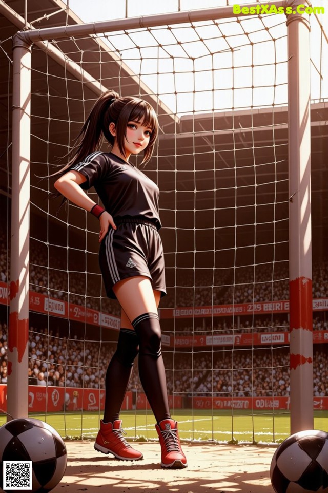 A woman standing in front of a soccer goal with two soccer balls.