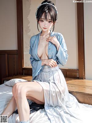 A woman sitting on top of a bed next to a window.